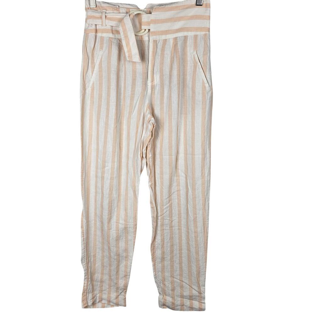 Anthropologie Striped Belted Paperbag Waist Linen Blend Pants Women Sz 0 Coastal